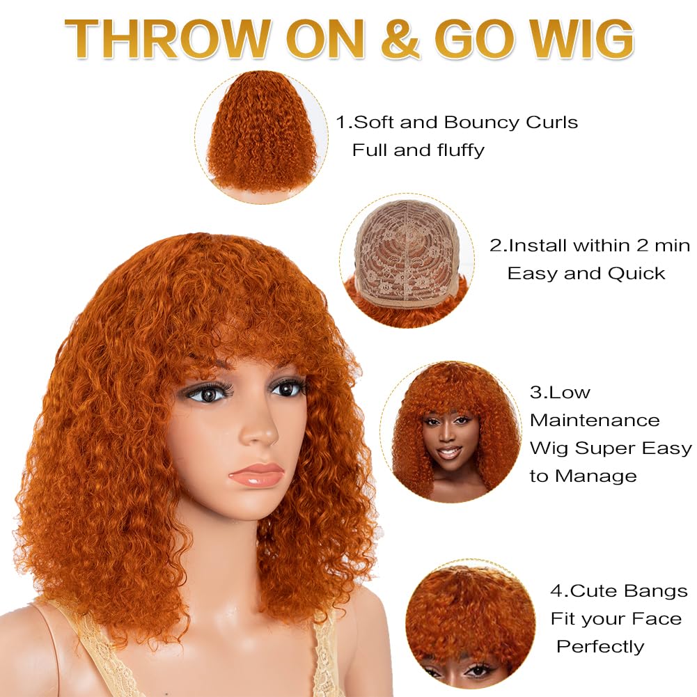 JOEDIR HAIR Ginger Orange Short Curly Wig with Bangs 12 inch Water Wave Human Hair Wig for Black Women Jerry Curl Bob Wig 150% Density Non Lace Front Glueless Wig - Image 2