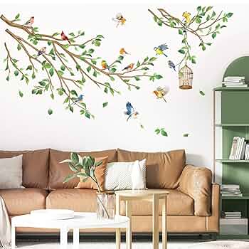 Fruit Tree Wall Stickers Large Green Leaves Birds Peel And Stick Wall