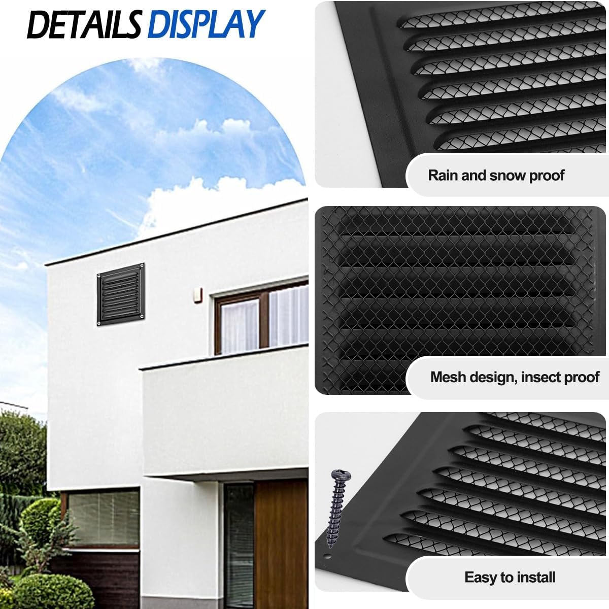 2Pcs Black Square Air Vent Cover with Mesh Screen 6"x6" 8"x8" 10"x10" 12"x12" 12"x6" Louver Grille Cover Ceiling Duct Exhaust Vent Covers Stainless Steel Metal Soffit Vent Hood(12"x12")