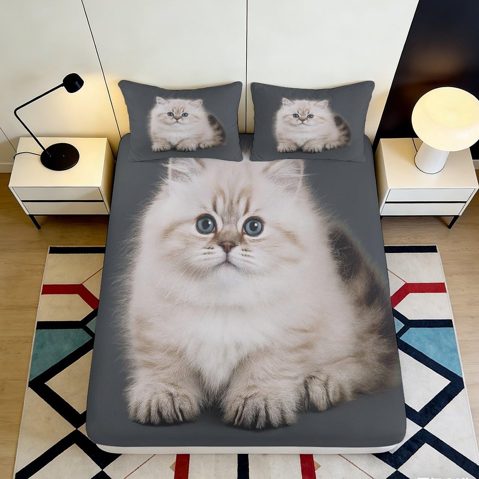 3D Printed Fluffy Kitten Fitted Sheet Microfiber Soft Breathable Realistic Cat Mattress Cover for Bedroom Dorm Decorative 120x200x25cm
