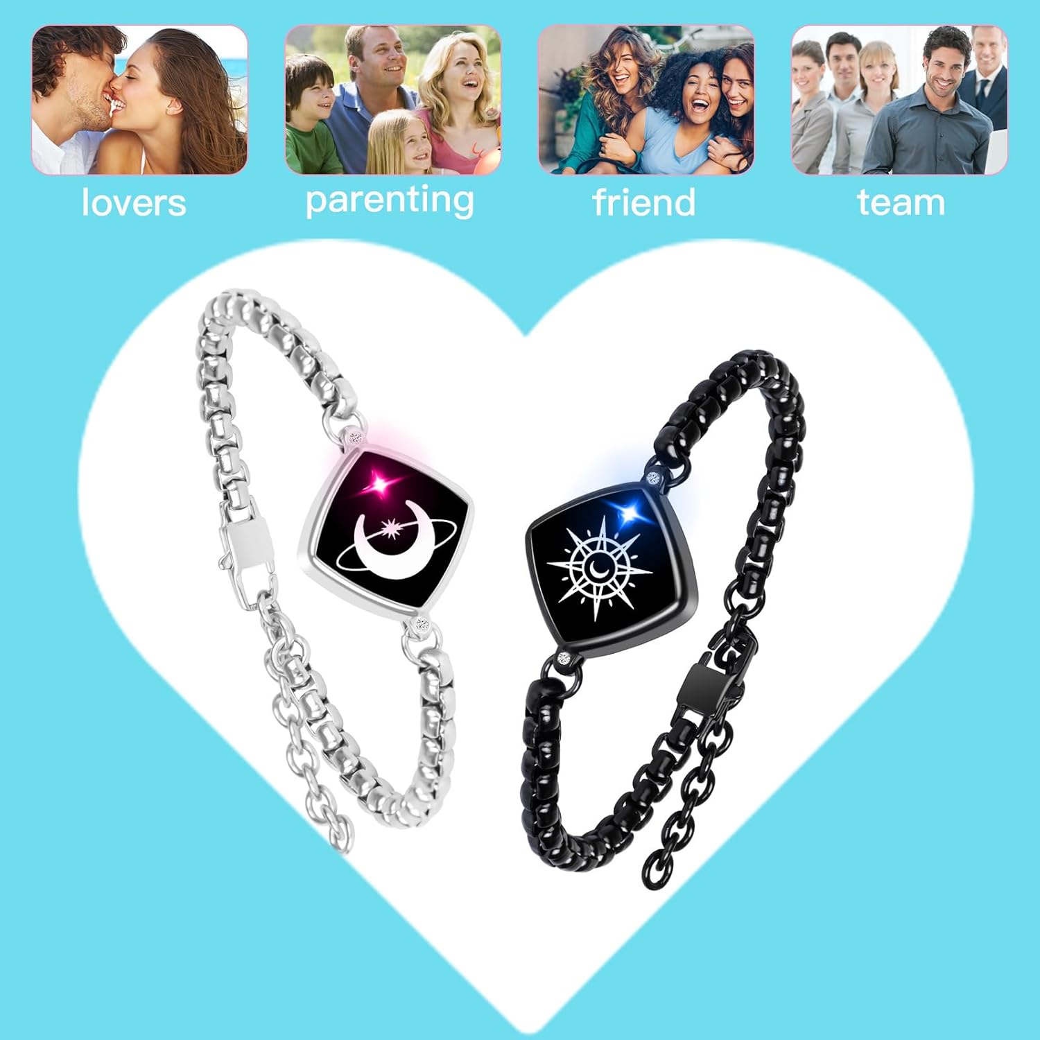PULOMI Long Distance Touch Bracelets,Vibration & Light up Couples Bracelets, Remote Smart Matching Bracelet for Couples Long Distance Relationship Girlfriend Boyfriend Xmas Gifts Black Silver