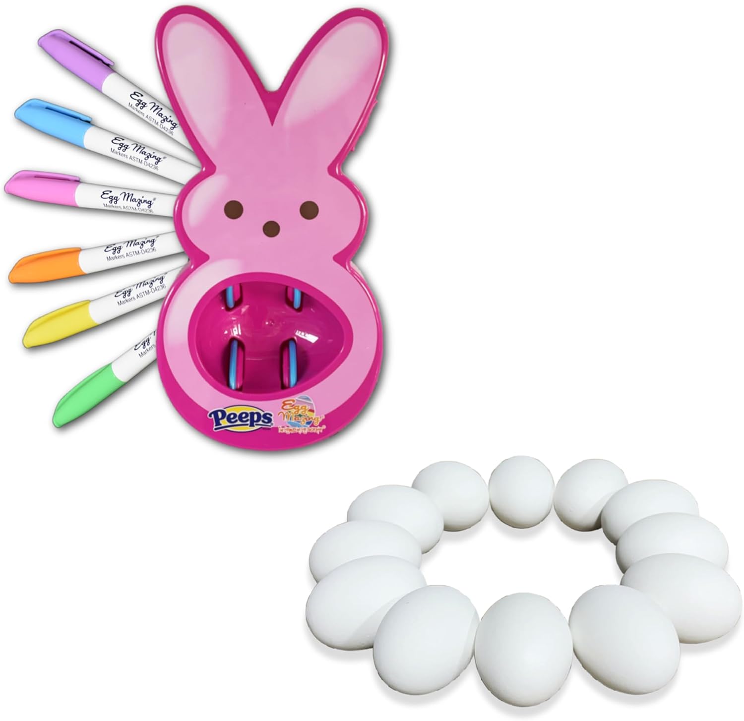 The Eggmazing Easter Egg Decorator - Peeps Bunny - Arts and Craft Set Includes 6 Colorful Markers (Pink) + White Wooden Eggs - Fake Eggs for Easter Egg Decorating (12 Pack - 1 Dozen)