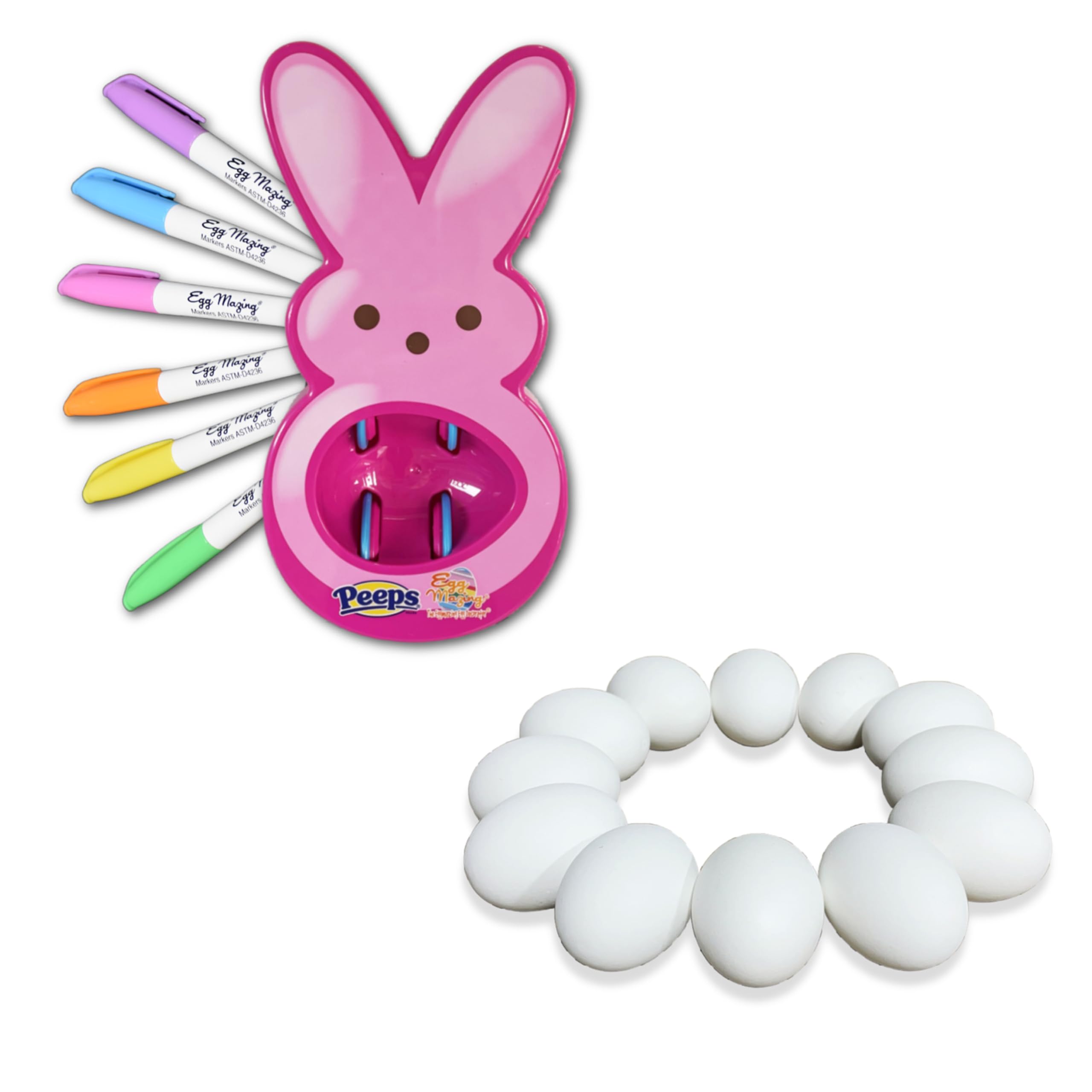 The Eggmazing Easter Egg Decorator - Peeps Bunny - Arts and Craft Set Includes 6 Colorful Markers (Pink) + White Wooden Eggs - Fake Eggs for Easter Egg Decorating (12 Pack - 1 Dozen)