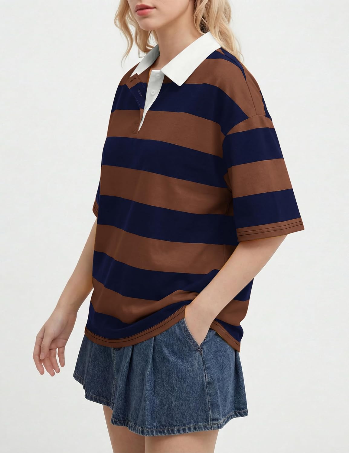 Meladyan Women's Rugby Shirt Striped Polo T-Shirts Oversized Short Sleeve Lapel V Neck Tee Summer Pullover Tops