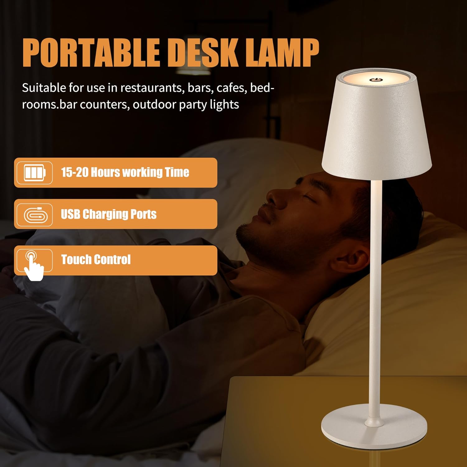 2Pack Cordless Table Lamps USB Rechargeable Simplicity Desk Lamp Built-in 4600 mAh Battery LED Battery Operated lamp with Touch Control Table lamp - Bedroom/Desk/Reading/Patio(Apricot)