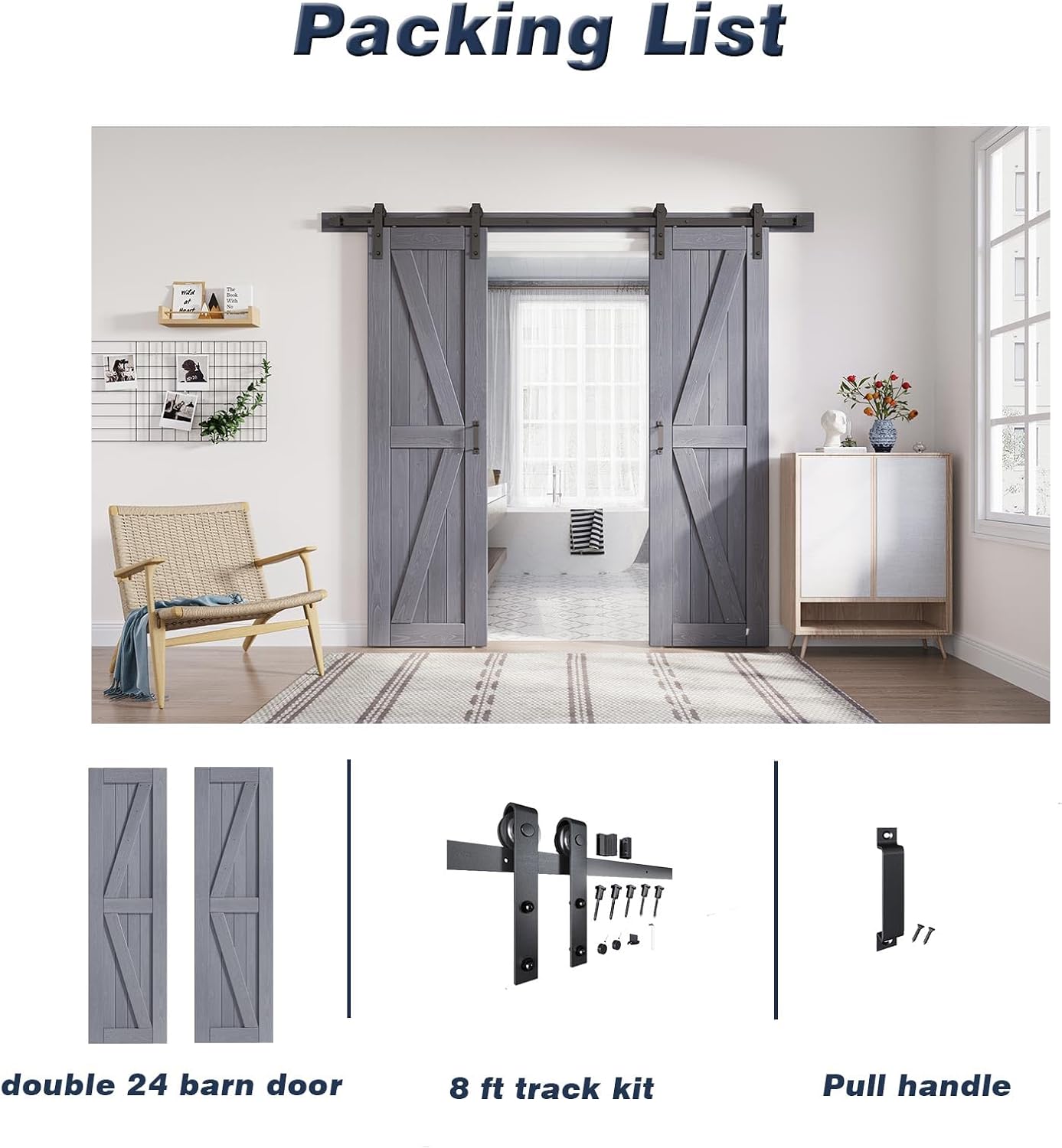 FREDBECK Gray Double 24x84 Inch Doors 48 barn Door with 8FT Barn Door Hardware Kit Included K Shape Natural Spruce DWood ouble Surfaces,Simple Assembly is Required,Grey
