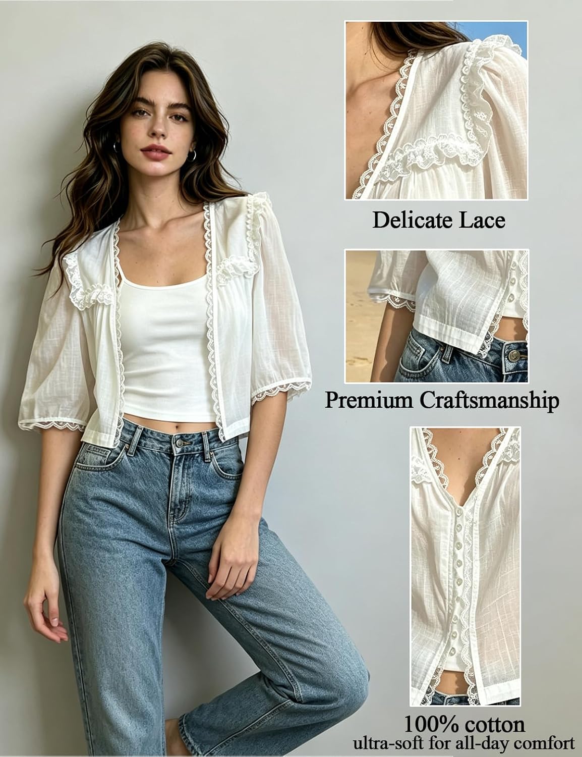 Lace Tops for Women White, Half Sleeve Boho Tops Cotton Button Down Blouse, V Neck Ruffle Trim Cropped Flowy Top