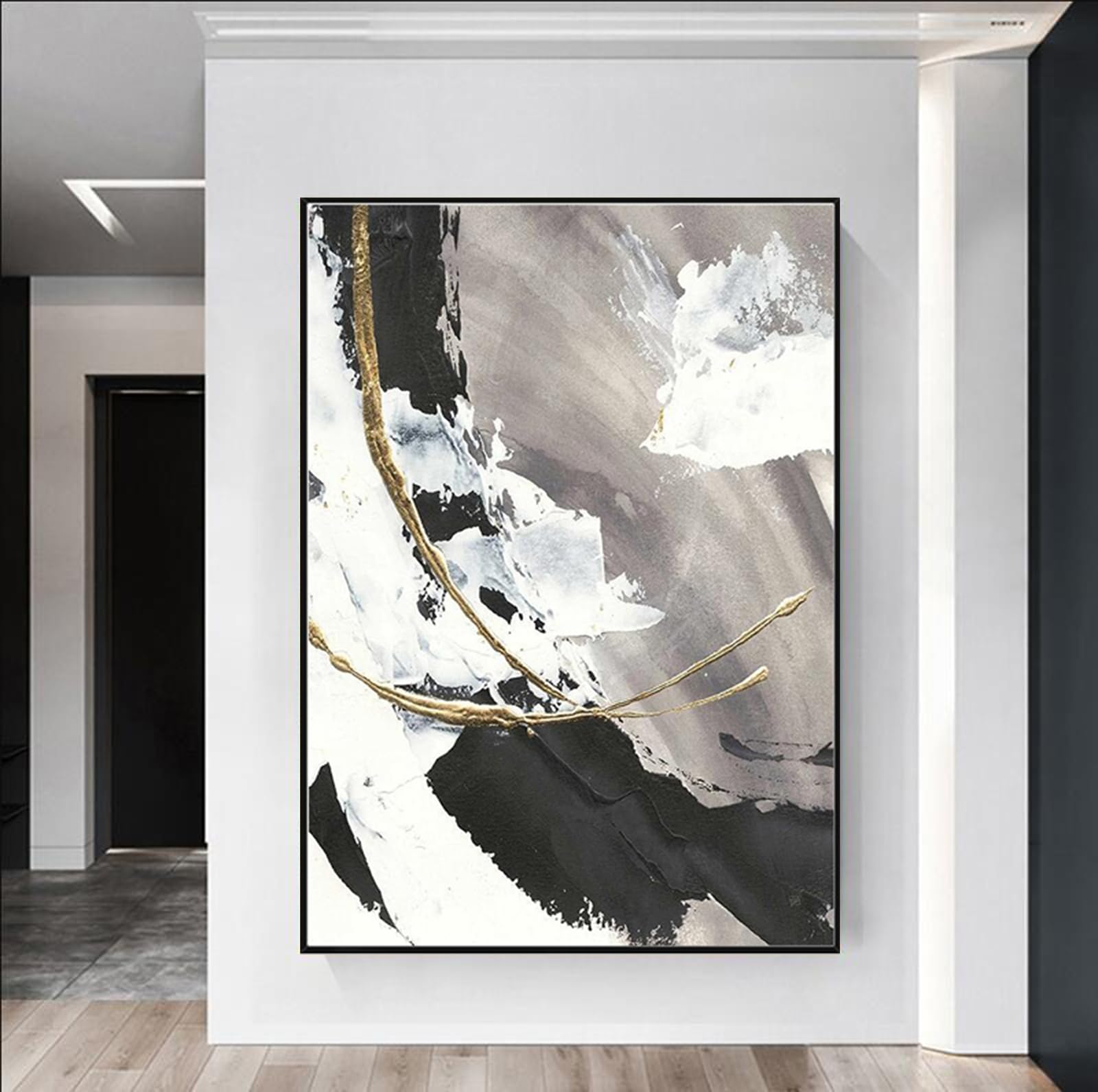 Peinture à l'huile sur toile pour salon moderne grand tableau noir et blanc encadré
