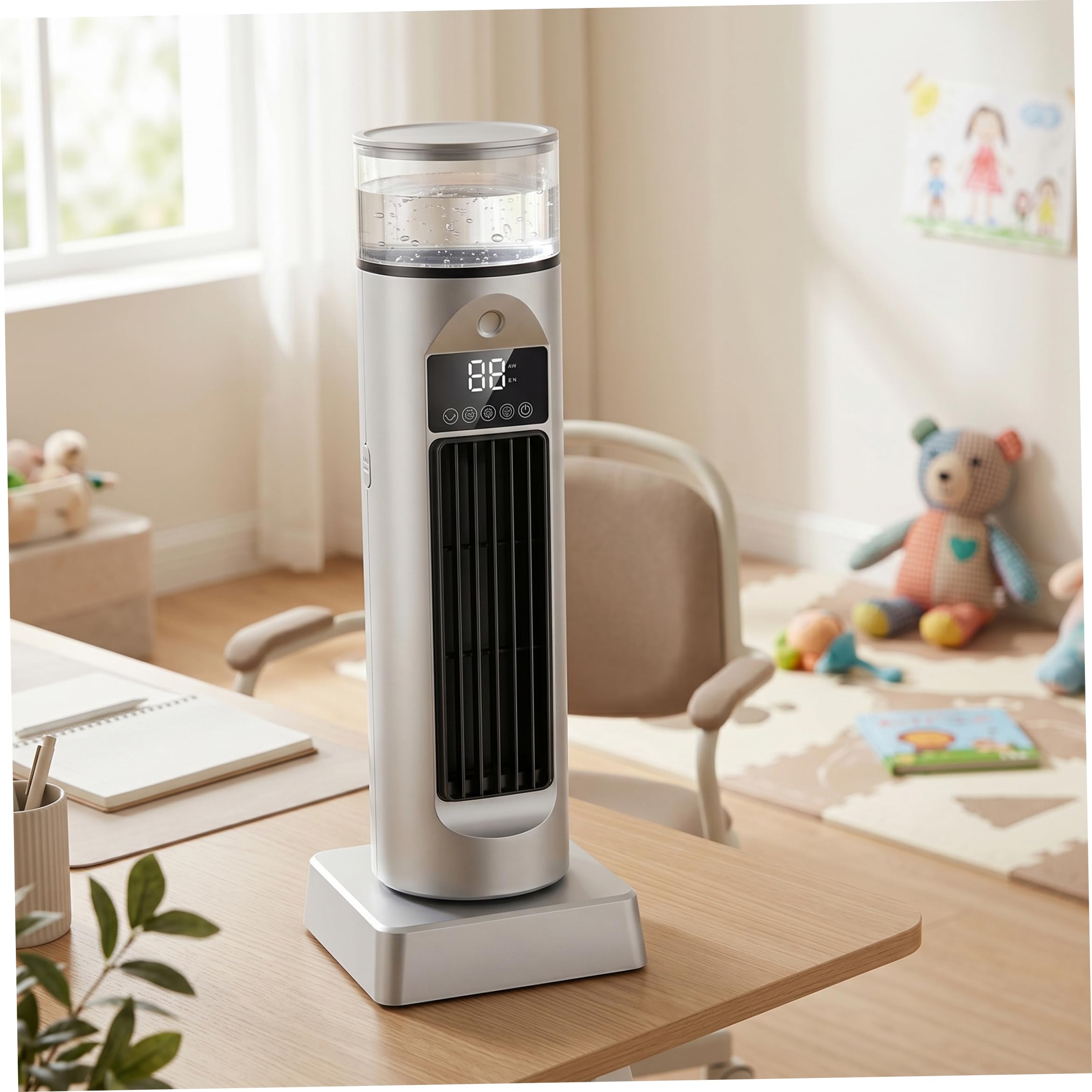 Ventilatore Torre di Raffreddamento, Ventilatore da Tavolo Oscillante Senza Pale a 6 Velocità con Umidificatore e Timer 6 Ore per Dormitorio Home Office, Bianco, 13, ×4, 7 Pollici Freddo per Vent
