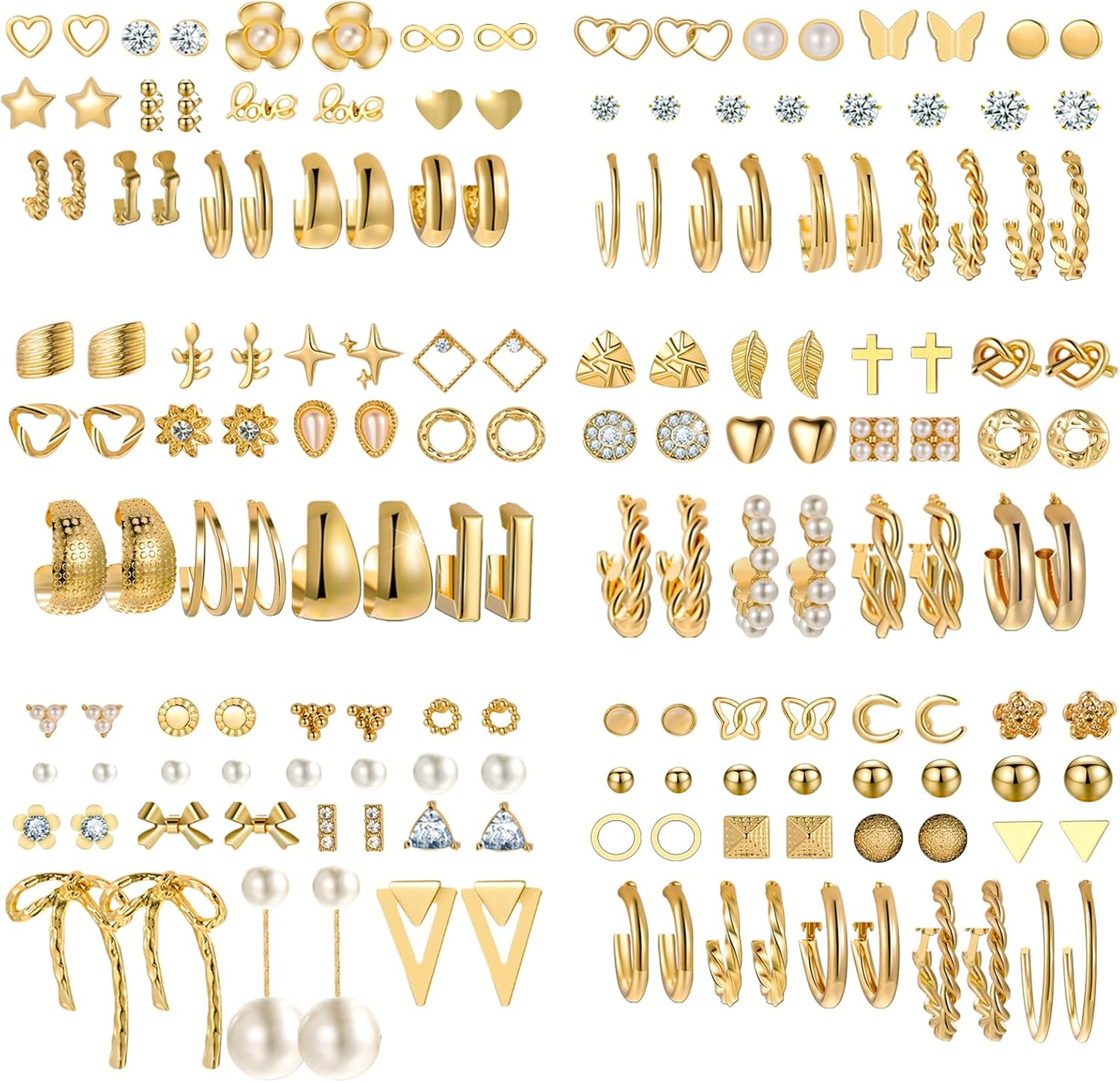 FAXHION 82 Pairs Gold Earrings Set and 12PCS Gold Stackable Rings for Women