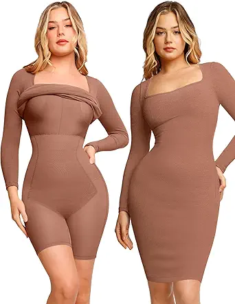 Popilush Bodycon Shapewear Dress 8 in 1 Midi Dress with Build in Shapewear Long Sleeve Dress for Women Tummy Control