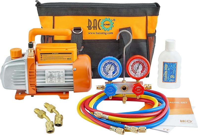 BACOENG 3.6CFM AC Vacuum Pump and Gauge Set - HVAC Vacuum Pump Kit for Mini Split System for R410A R22 Refrigerants - w/ R410a Mini Split Adapters & 3x5FT Hoses