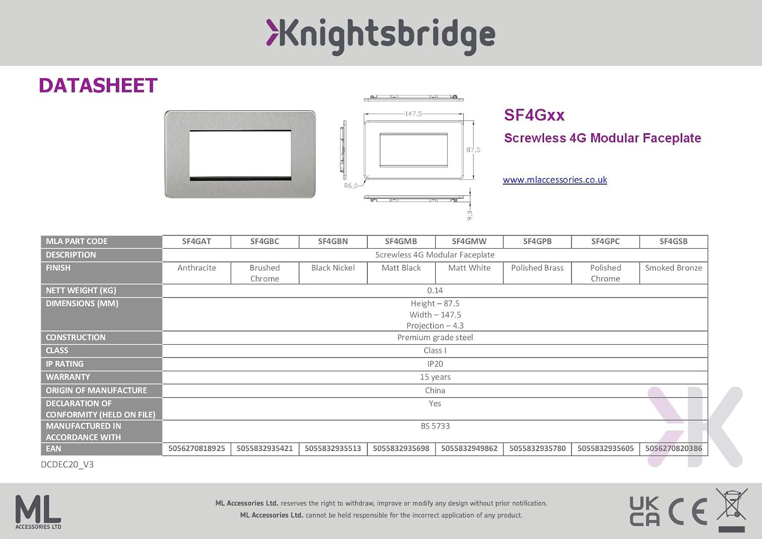 Knightsbridge SF4GMB Screwless 4G Modular Faceplate, 230 V, Matt Black, Black / Black, Modular 4G - Image 3