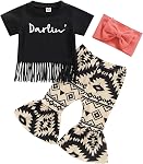 Toddler Girl Western Outfit Infant Cowgirl Clothes Farm Floral Short Sleeve Tassel Hem Top Flare Pant Headband Sets