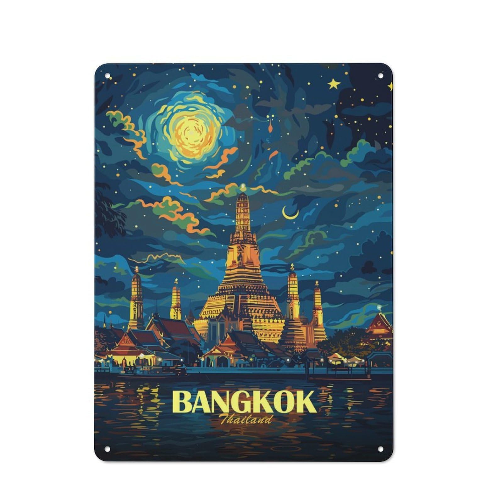 Rustic Bangkok Thailand Nightscape Rustic Tin Sign 40x30cm, Porch Wall Decor for Greenhouse, Garden Room, Cafe Or Entryway