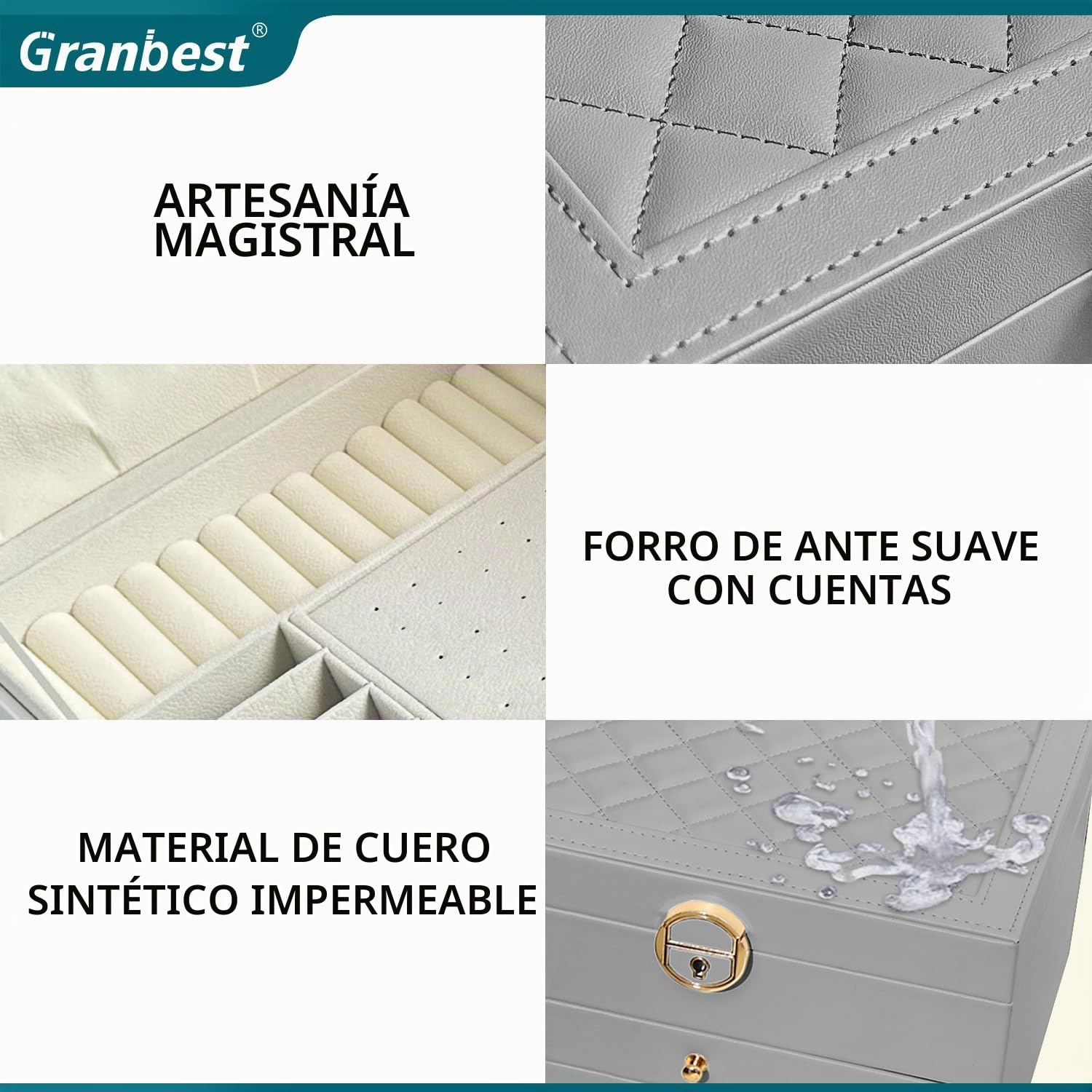 Granbest Joyero de 3 niveles con 2 cajones, caja de joyería de cuero para collares, pulseras, anillos y pendientes (gris)