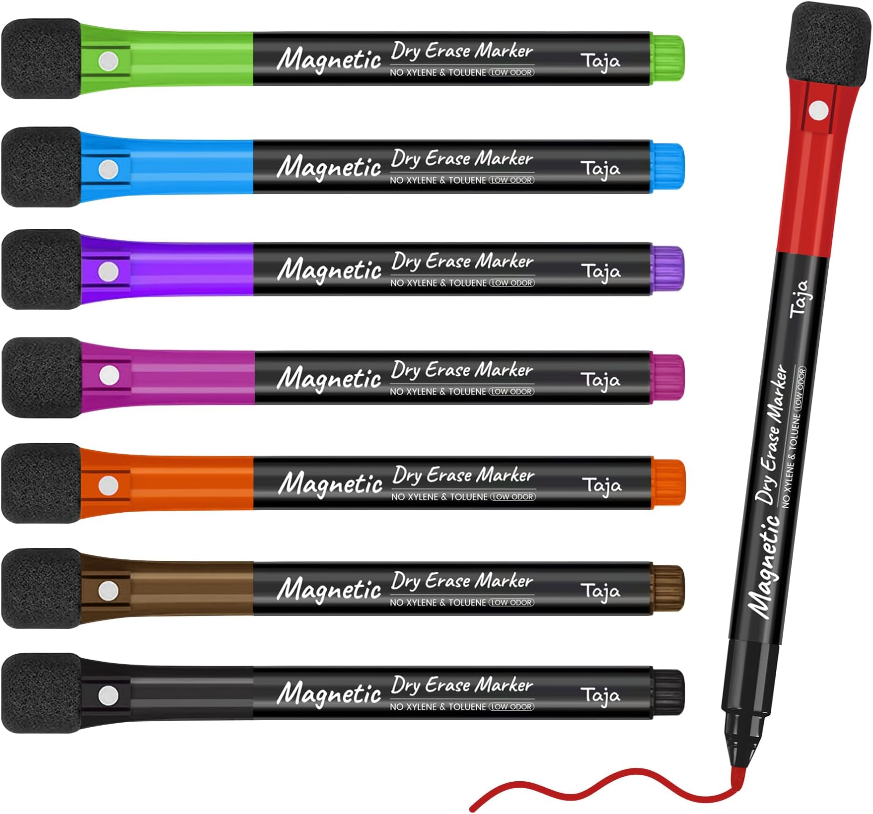 - Taja Magnetic Dry Erase Whiteboard Markers, 8 Count Colorful Fine Tip Thin Dry Erase Markers with Eraser for Home Office School Supplies-Brilliant