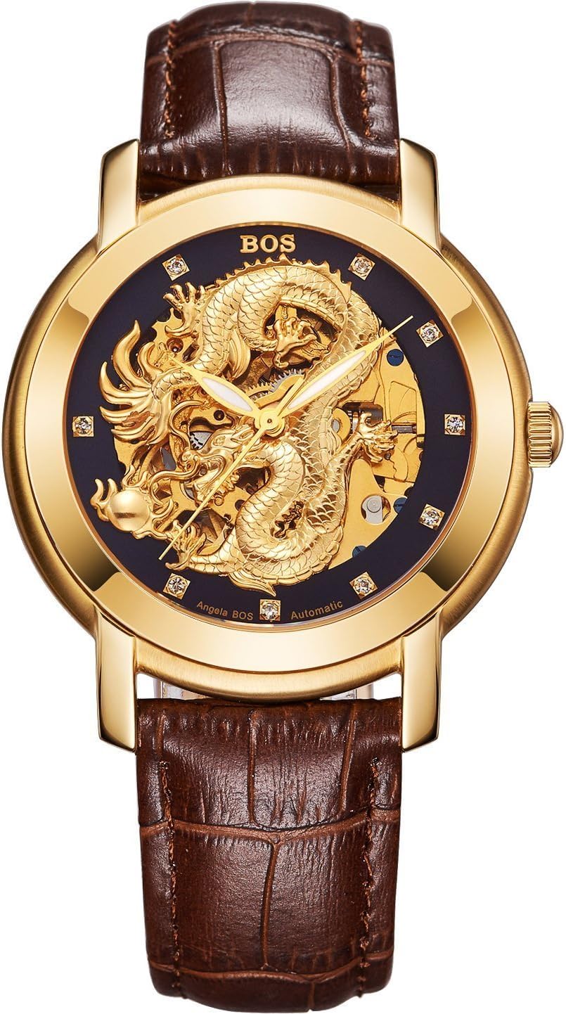 Angela Bos Men's Hollowed Chinese Dragon Fashion Mechanical Waterproof Wrist Watch Black Dial Brown Calfskin Band