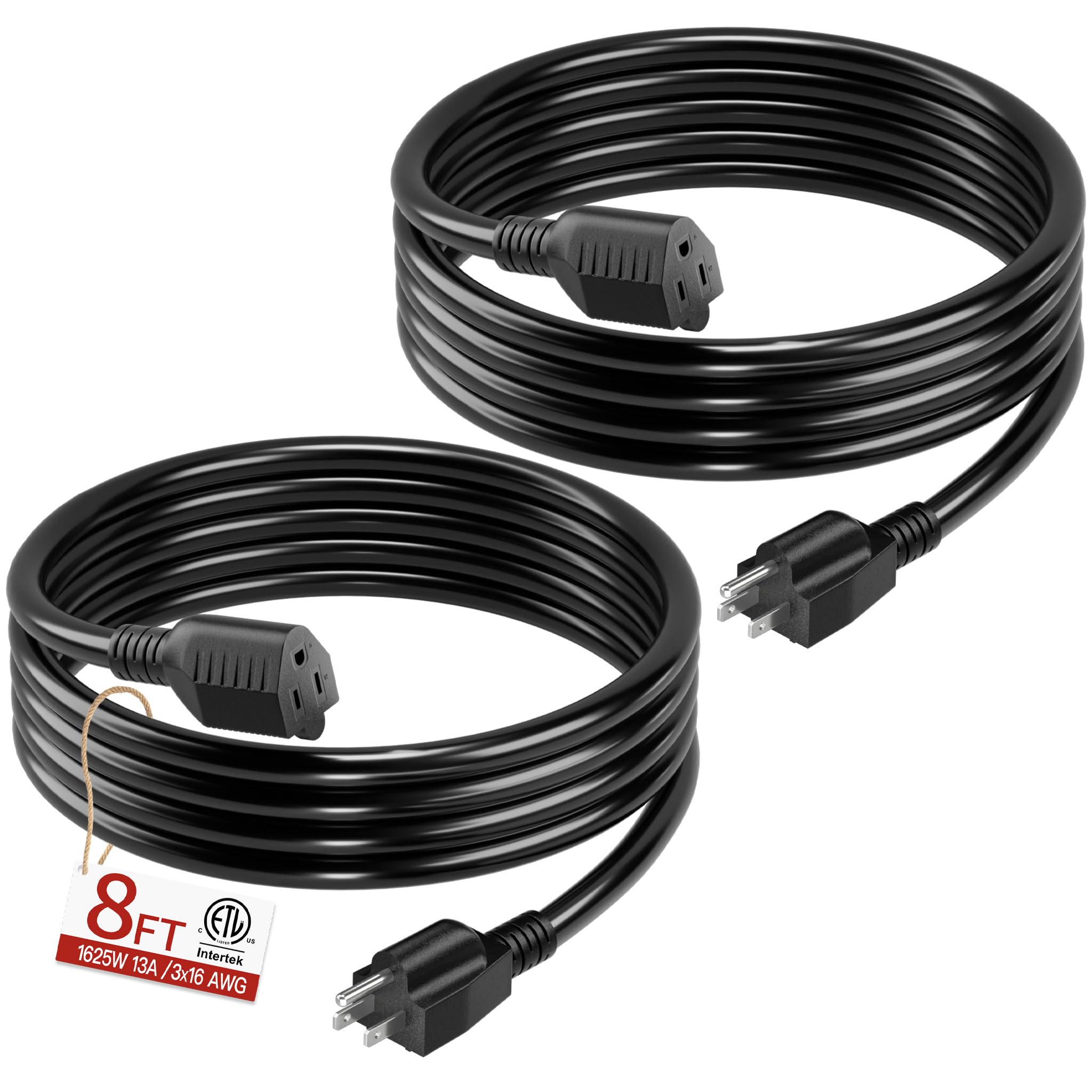 Skrizcable 16/3 Short Extension Cord 8FT 2Pack, Black Extension Cord Indoor