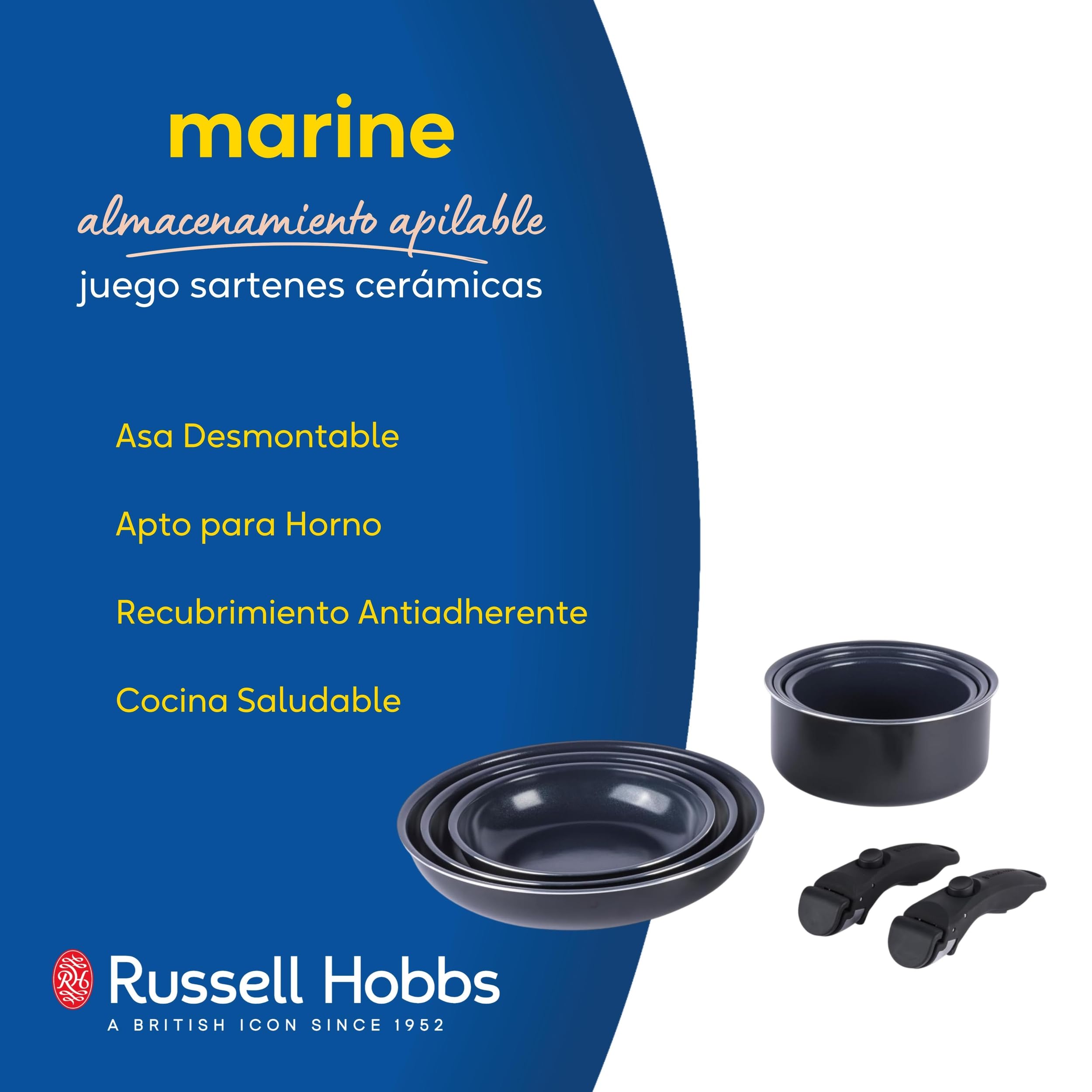 Russell Hobbs RH03321EU7 Smart Clip - Juego de ollas y sartenes de cerámica antiadherentes de 8 piezas con 2 asas desmontables, diseño apilable, sin PFAS, apto para horno de inducción, marino, azul