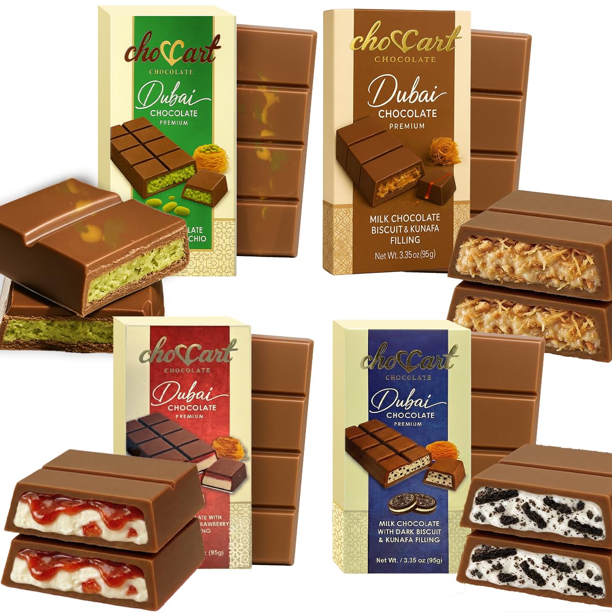 Dubai Chocolate Bar Variety Pack – Pistachio Kunafa, Lotus, Angel Hair & Strawberry Cheesecake Chocolate Gift Box | Assorted Gourmet Middle Eastern Chocolates (Full Size, 4 Pcs Set)
