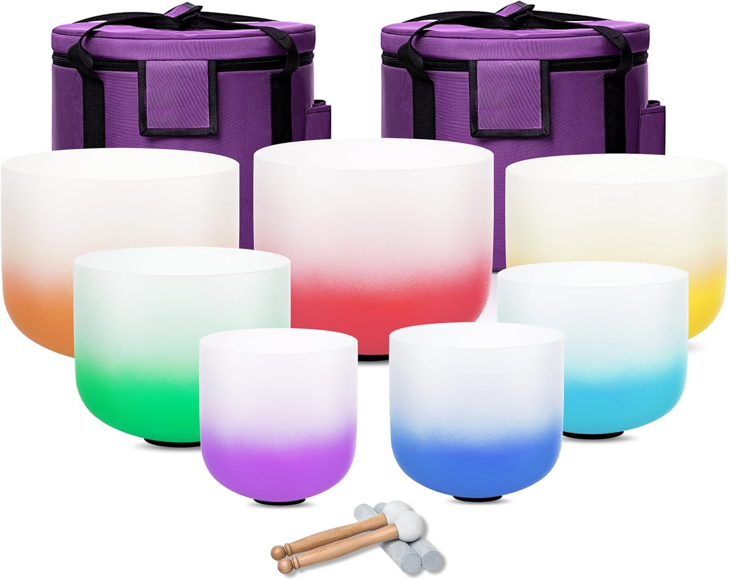 6-12inch 432hz Quartz Crystal Singing Bowls Set of 7 Gradient Design, for Mindfulness Meditation Yoga Sound Baths