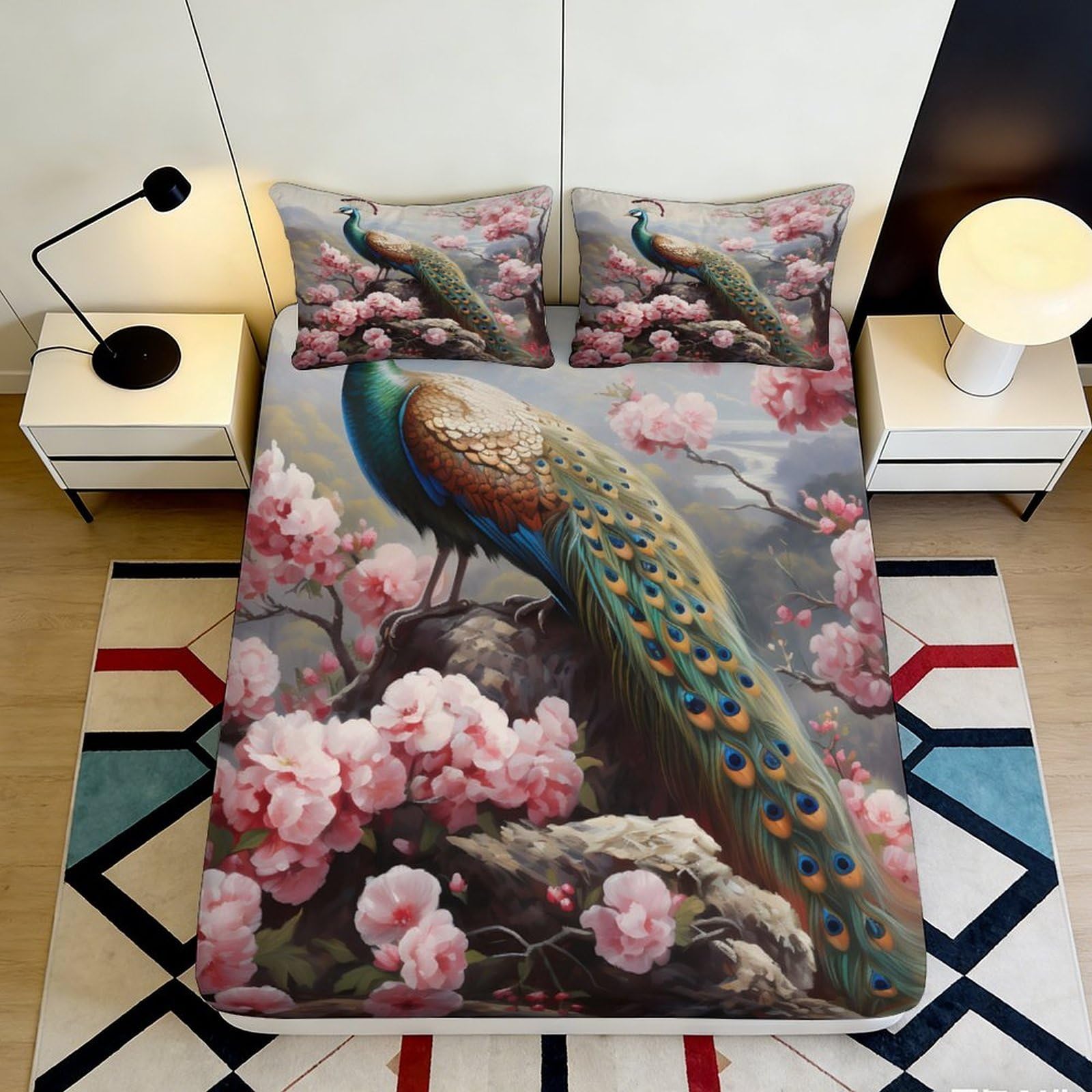 3D Printed Peacock Floral Fitted Sheet Microfiber Soft Durable Cherry Blossom Bed Cover for Bedroom Dormitory Guest Room Mattress Protection 90x200x25cm