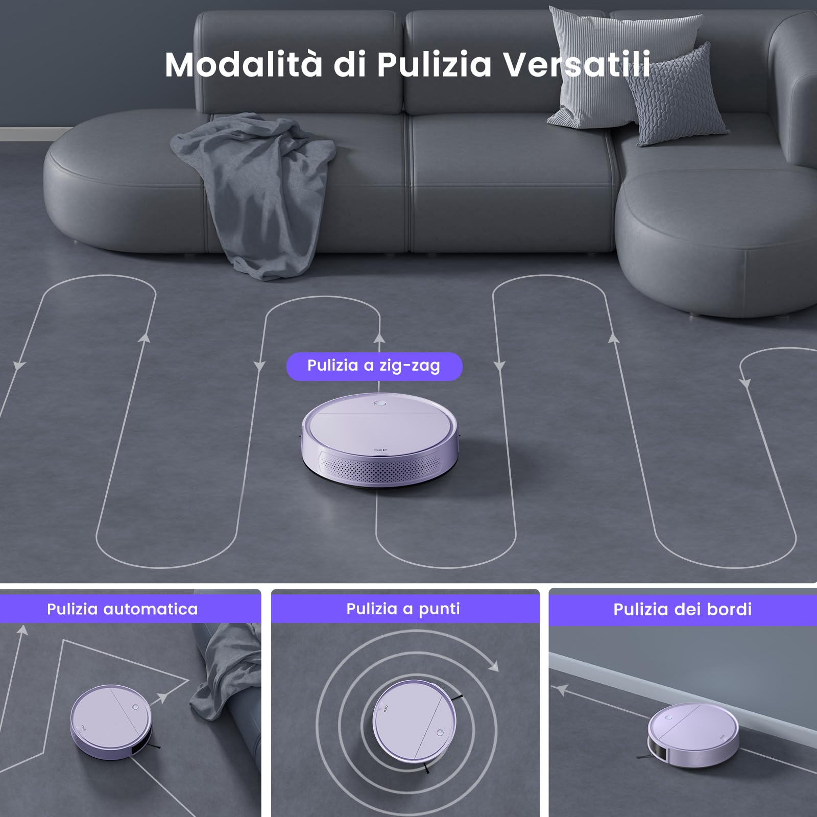 OKP K5 Pro Viola dell'Alba Robot Aspirapolvere, Potenza 5000Pa, Ideale per Peli di Animali, 180 Minuti di Autonomia, Precisione nell'Evita Ostacoli, App/Alexa/Telecomandi, Adatto per Pavimenti Duri