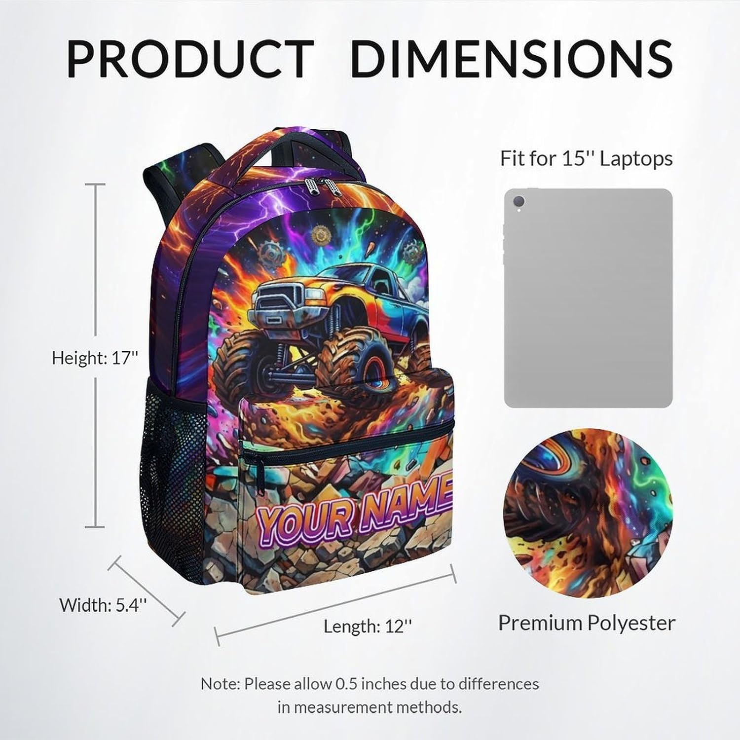 Toddler Backpack - Personalized Truck School Bag for Boys - Large Capacity Kids School Bookbag for Kindergarten/Preschool/Elementary (17 Inch)