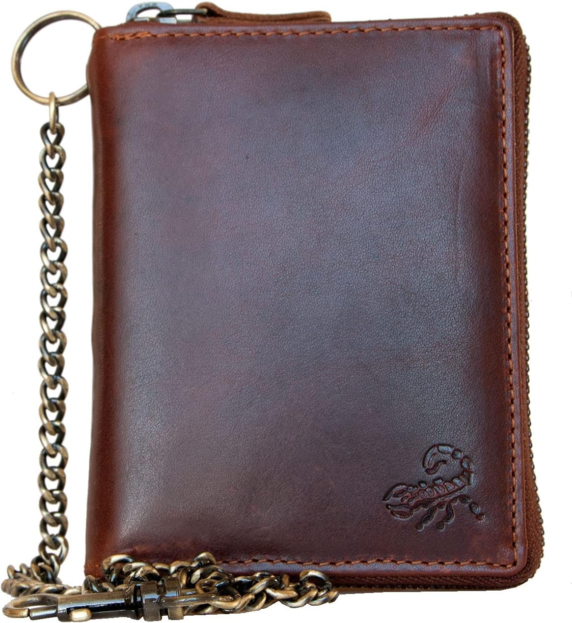 Men's Metal Zip-Around Natural Genuine Leather Wallet with Scorpion and Long Chain and Carbiner