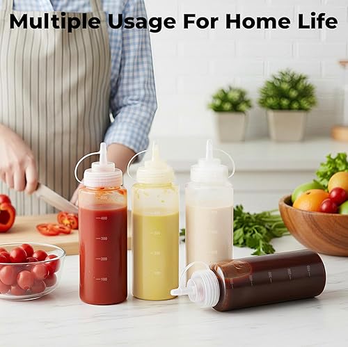 Miniatura 5 de OAMCEG 16OZ Squeeze Bottles - 8 Pack Durable Plastic Condiment Bottles, Squirt Bottle with Discrete Measurements, for Ketchup, BBQ, Sauces, Syrup