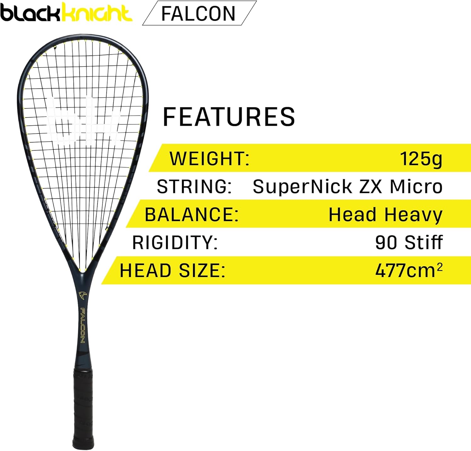 Black Knight Falcon Squash Racket - Head Heavy Balance, Teardrop Frame, 125g Lightweight, Durable with a Graphite Frame, Ideal for Professional Players