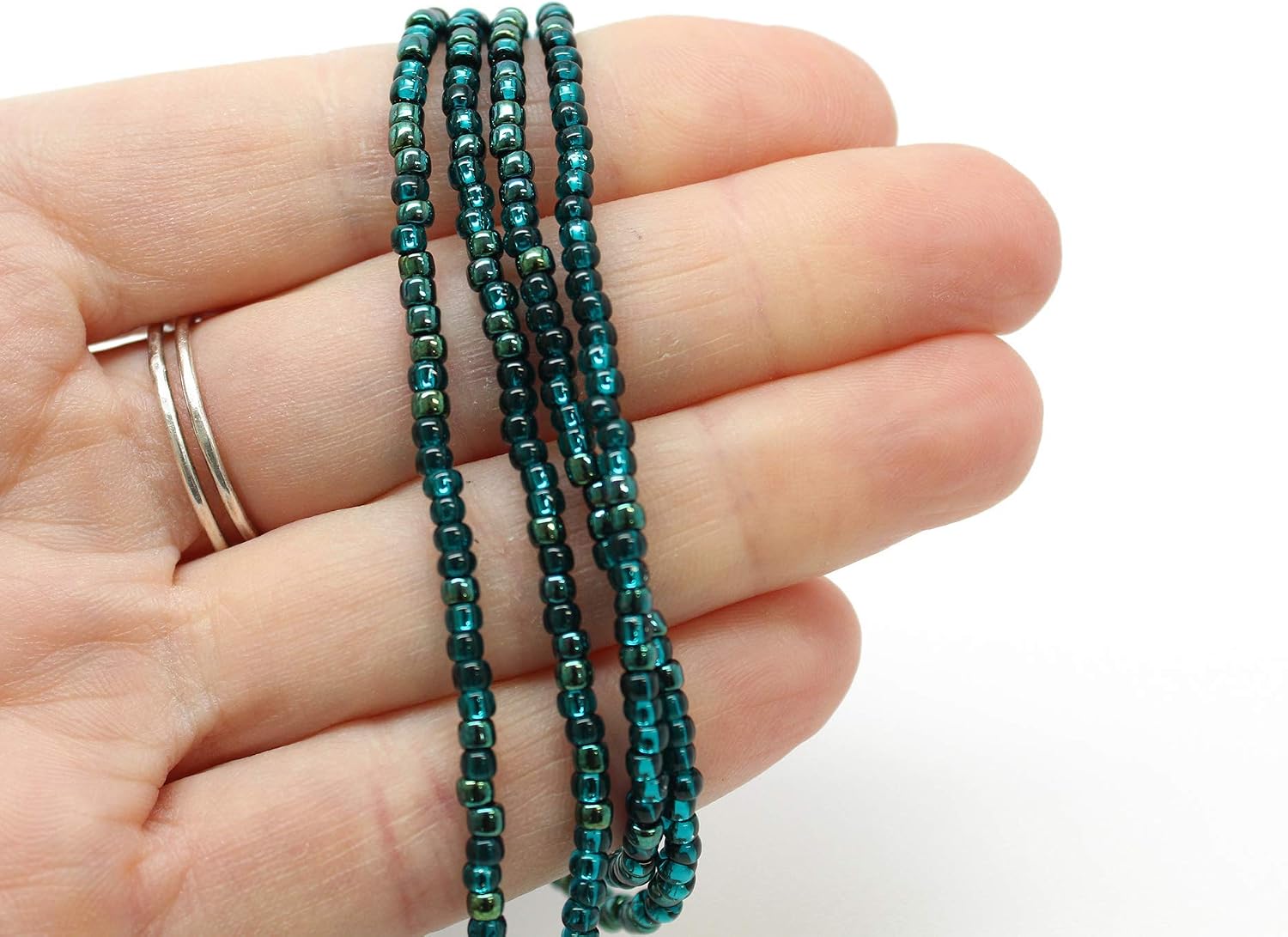 Handmade Metallic Teal Seed Bead Necklace, Thin 2mm Single Strand Blue Green Beaded Necklace