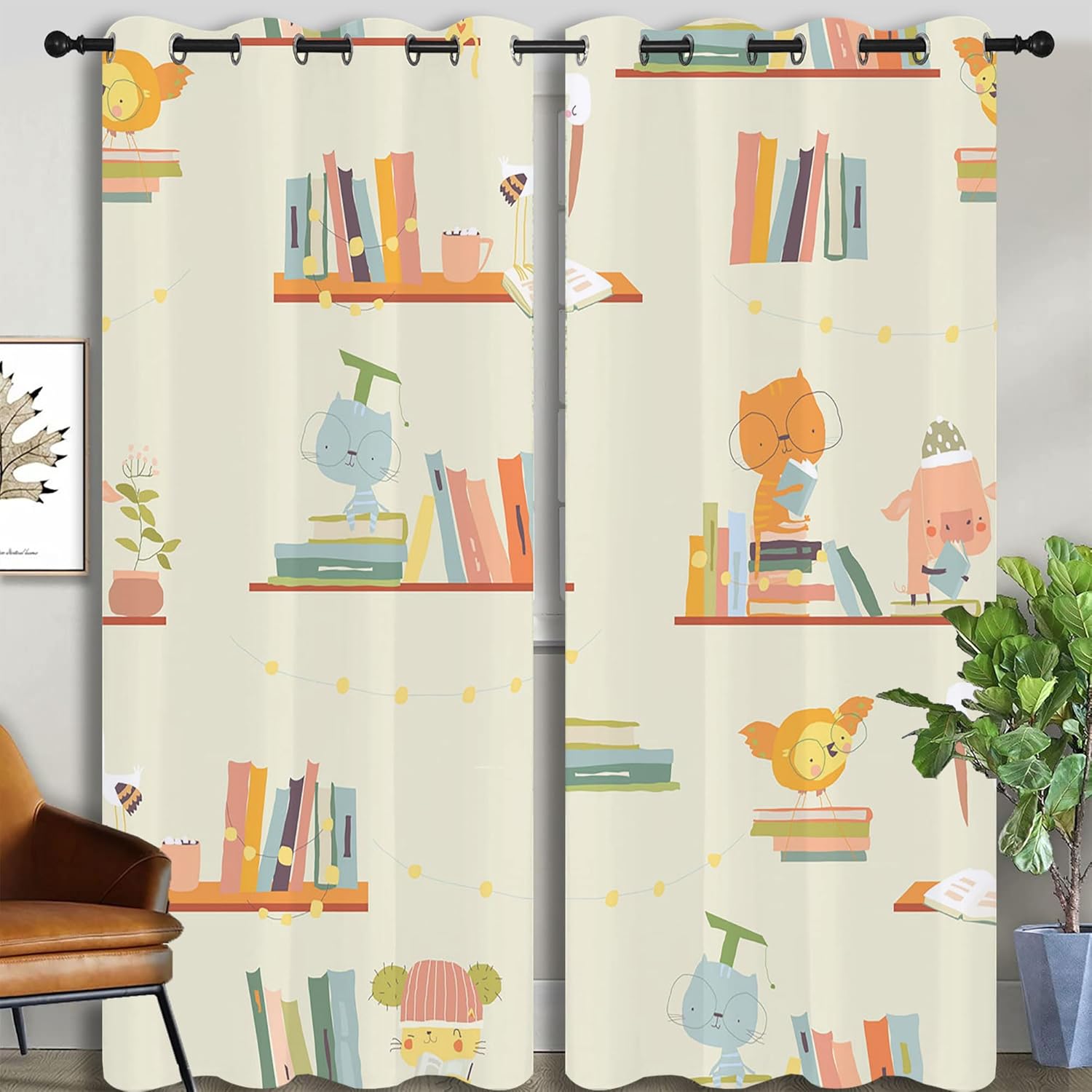 Bookshelf Grommet Blackout Curtains for Boy Girl Bedroom, Nerd Book Lovers Cute Cartoon Animals Thermal Insulated Home Window Drapes for Living Room Darkening, 84x72 inch