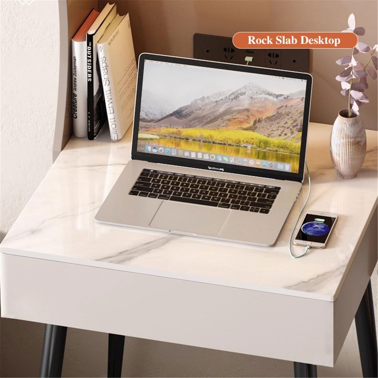 Nowoczesne Nowoczesne biurko do nauki z nadstawką i szufladą, na laptopa 24,8" półkami stacją ładującą Stół komputerowy