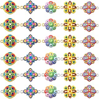 SUNNYCLUE 1 Box 40Pcs 10 Styles Metal Connector Charms Flower Link Charm with Double Loops Colorful Evil Eye Flowers Links Pendants for Necklaces Bracelets Earrings Jewelry Making Finding Diy Crafting