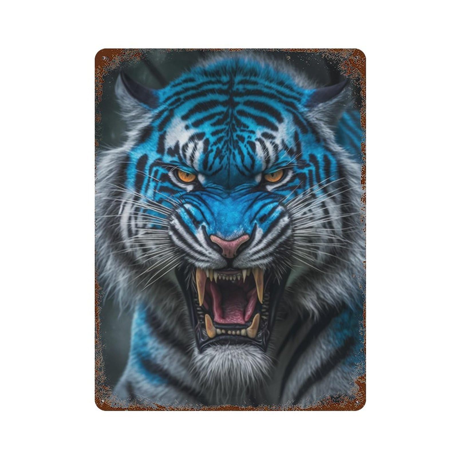 Rust Effect Blue Tiger Roar Rustic Tin Plaque 15.7"x11.8", Old School Wall Decor for Shed, Workshop And Garage Wall Decor