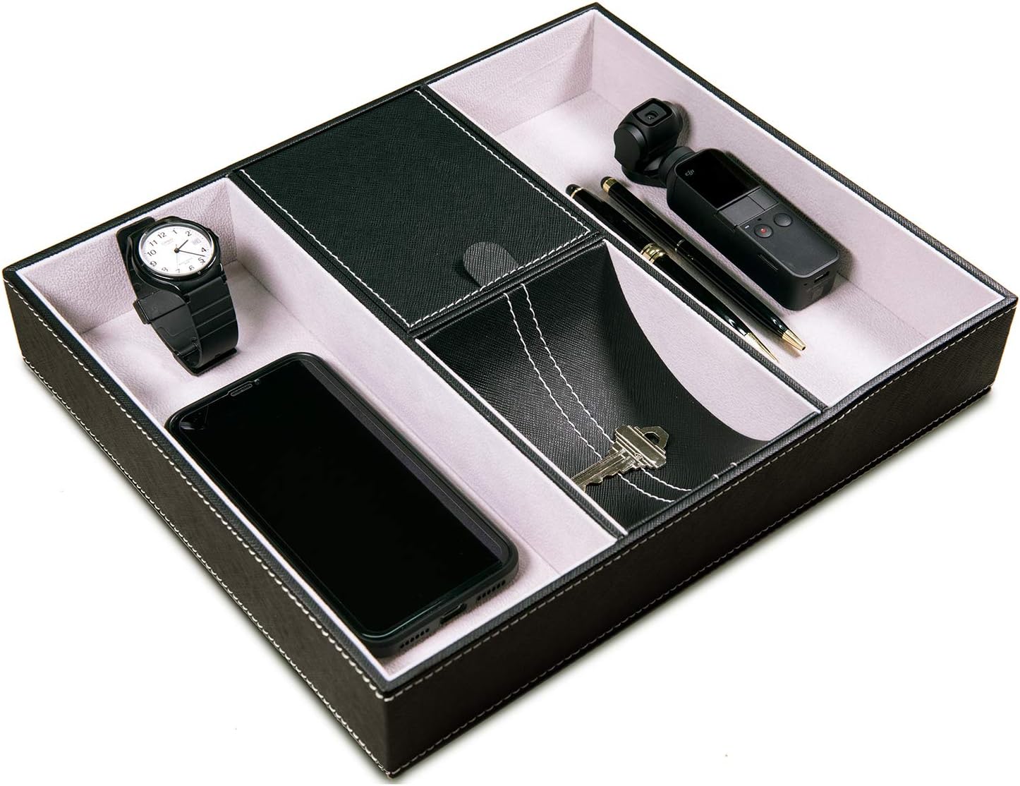 U NEATOPA Faux Leather Valet Tray for Men and Women, Catchall Nightstand Dresser Organizer with 4 Compartments for Home and Office