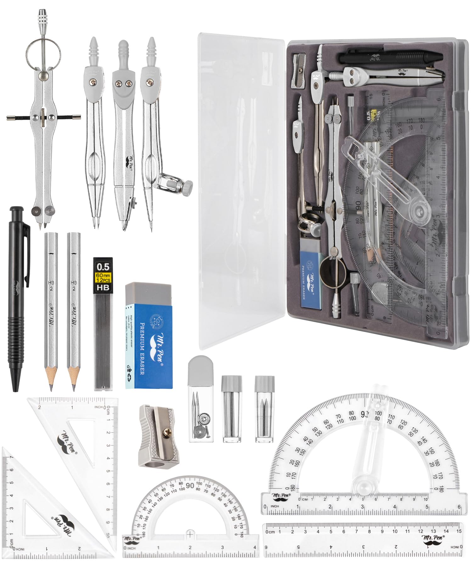 Mr. Pen - Geometrie-Set, 15-teilig, hellgrau, 15-cm-Schwenkarm-Winkelmesser | Trennwand, Geodreiecke, Lineal, Zirkel und Winkelmesser