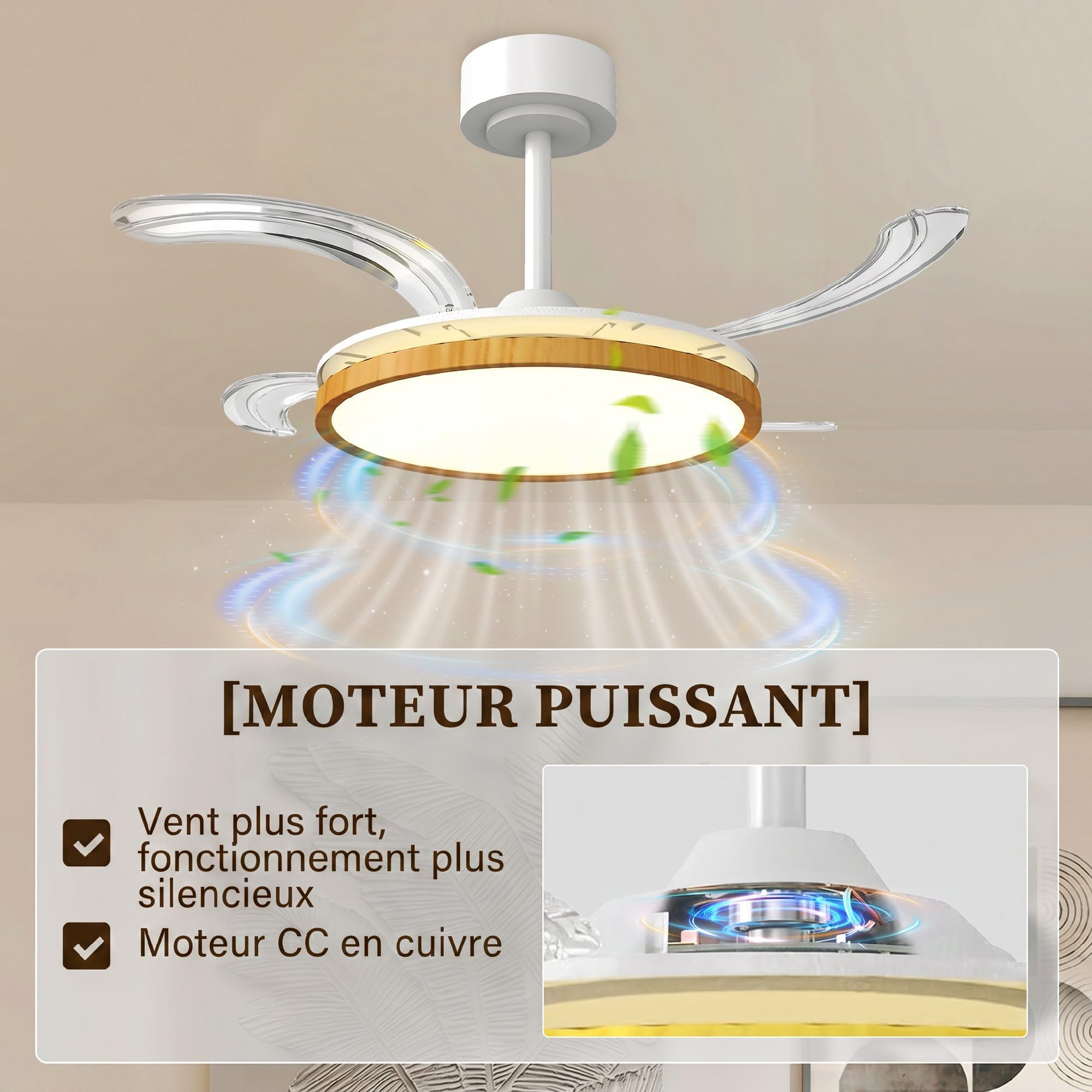 HOMCOM Ventilateur de plafond avec lumière LED, plafonnier ventilateur Ø95 cm, 4 pales rétractables moteur CC silencieux, 6 vitesses, 3 températures de couleur, télécommande, minuterie, mode été-hiver