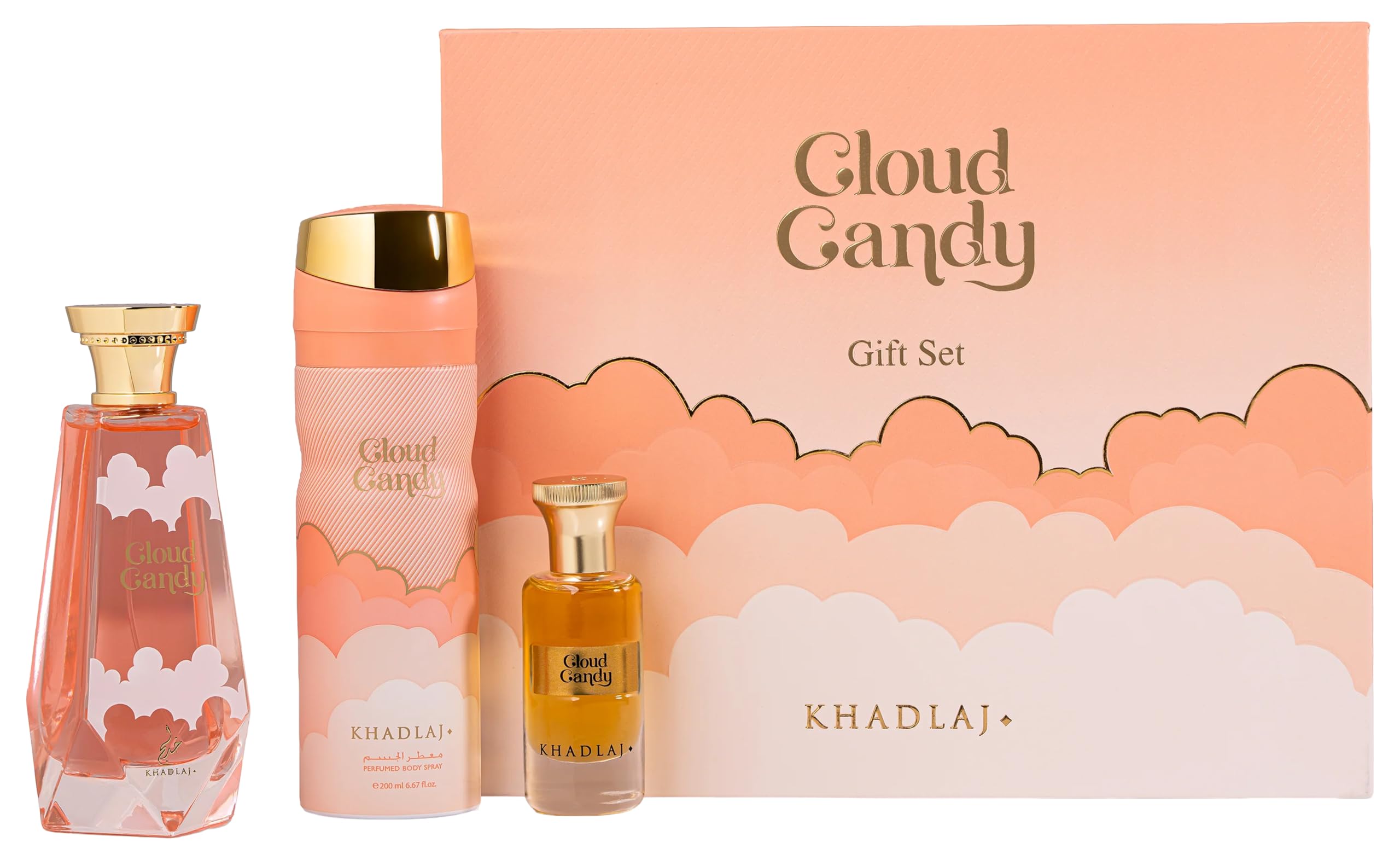 Khadlaj Cloud Candy Gift Set für Damen, Parfümextrakt, Perfumed Body Spray, konzentriertes Perfume Öl, 3-teiliges Geschenkset