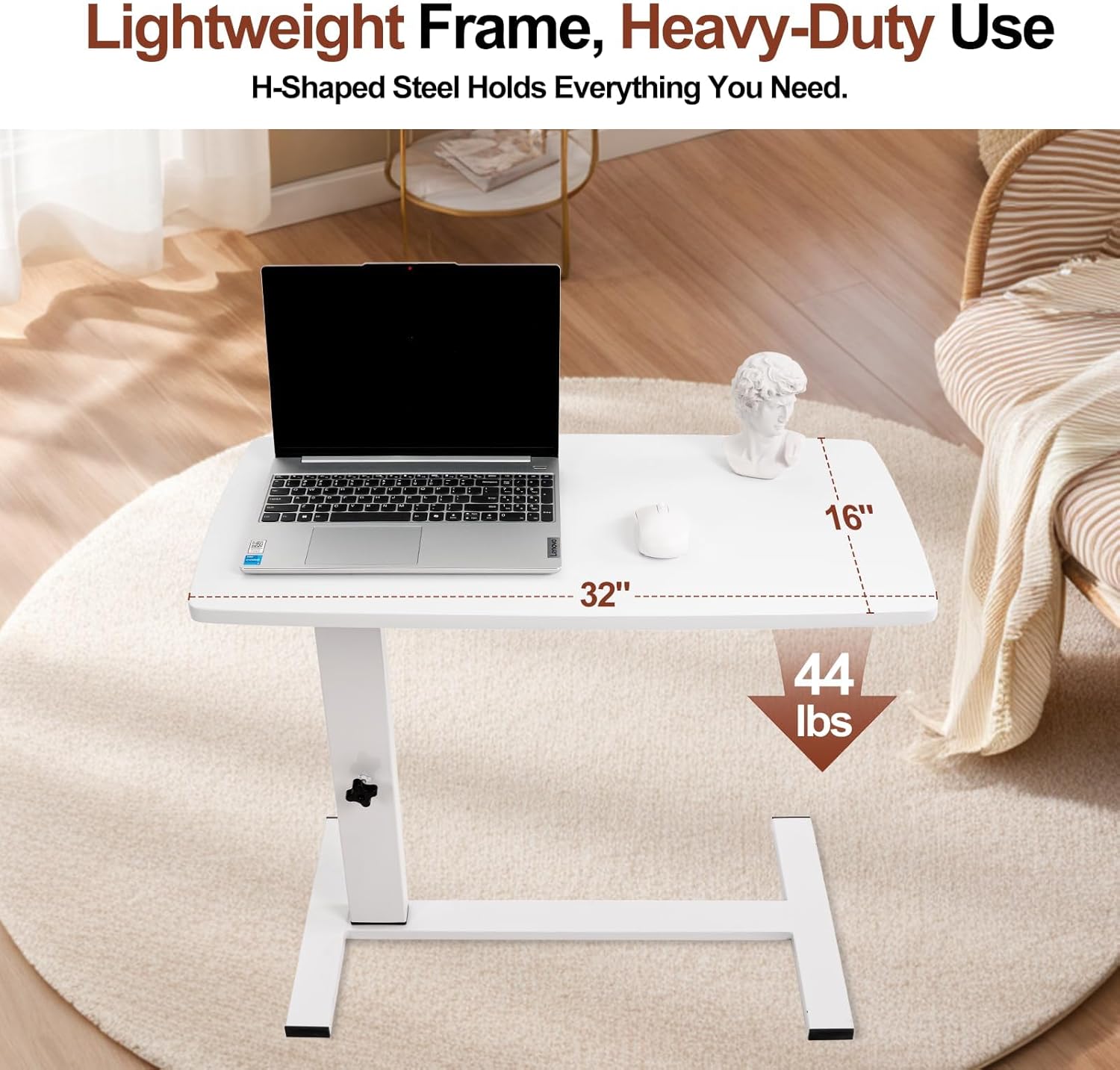 Adjustable Overbed Bedside Table with Hidden Casters, 27"-38" Pneumatic Mobile Laptop Computer Standing Desk, Medical Foldable Cart Movable Rolling Table for Hospital Home(32" W x 16" D, White)