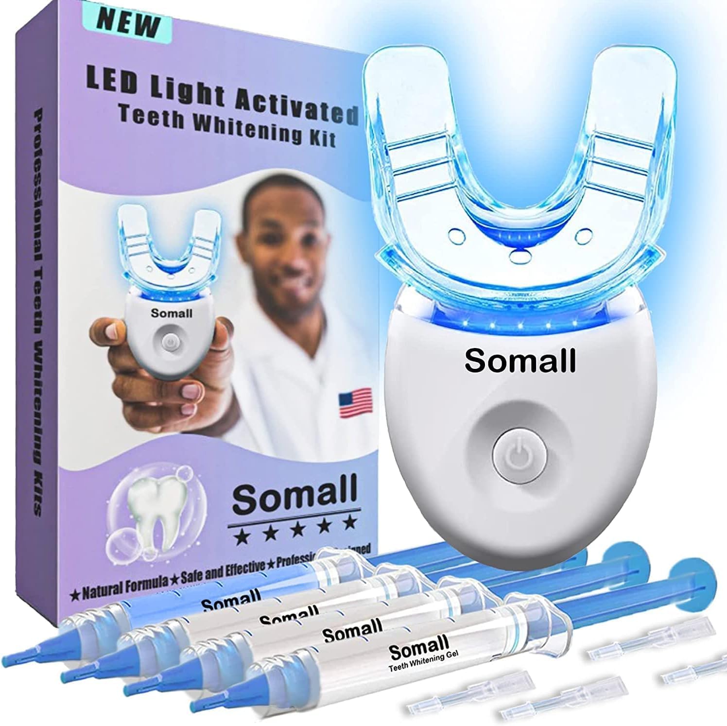 Somall Teeth Whitening Kit - Professional Tooth Whitening Gel LED Light System, 35% Carbamide Peroxide, 3ml Gel Syringes(3), Remineralization Desensitizing Gel(1), and teeth whitening light