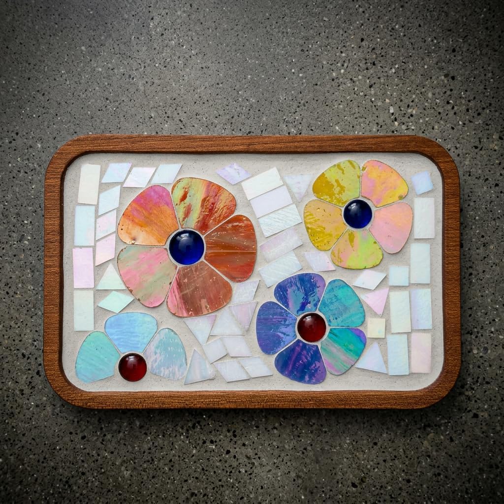 Iridescent Flower Mosaic Tiles – 12pcs Mixed Sizes, 5-Petal Iridescent Mica Flowers with Center Beads for DIY Mosaic Art, Fairy Garden, Home Craft, Outdoor Decor (Iridescent Yellow)