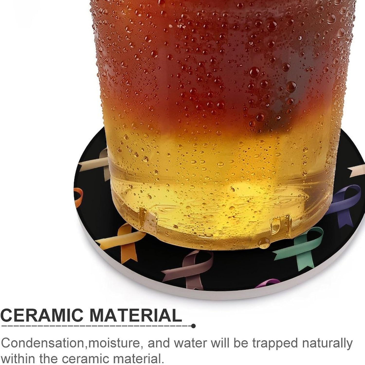 Colorful Breast Cancer Awareness Ribbon Coasters for Drink Round Ceramic Coaster with Cork Base Home Decorative 4PCS
