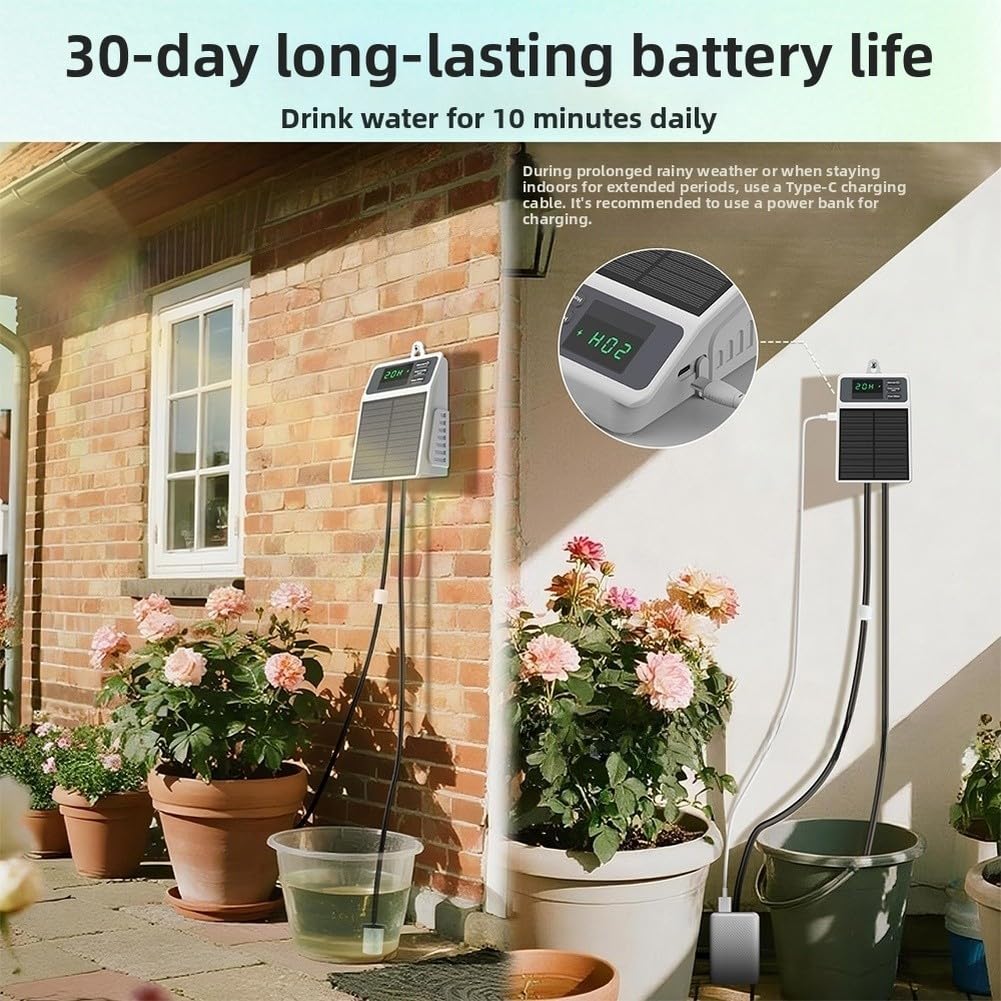 Solarbetriebenes Bewässerungssystem, automatisches Tropfbewässerungsset für Garten, 2200 mAh USB-C wiederaufladbar mit 10 m Schlauch für Gewächshaus, Balkon, Pflanzenpflege
