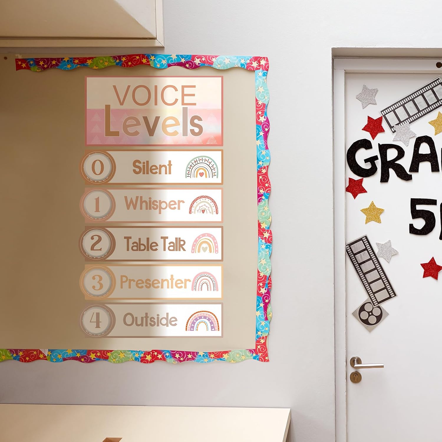 Glooglitter 5 Pcs School Push Light and Voice Level Poster Sticker LED Tap Light Battery Operated Voice Chart Button Lights Noise Level Monitor Rules Sign for Classroom Teachers(Bohemian)