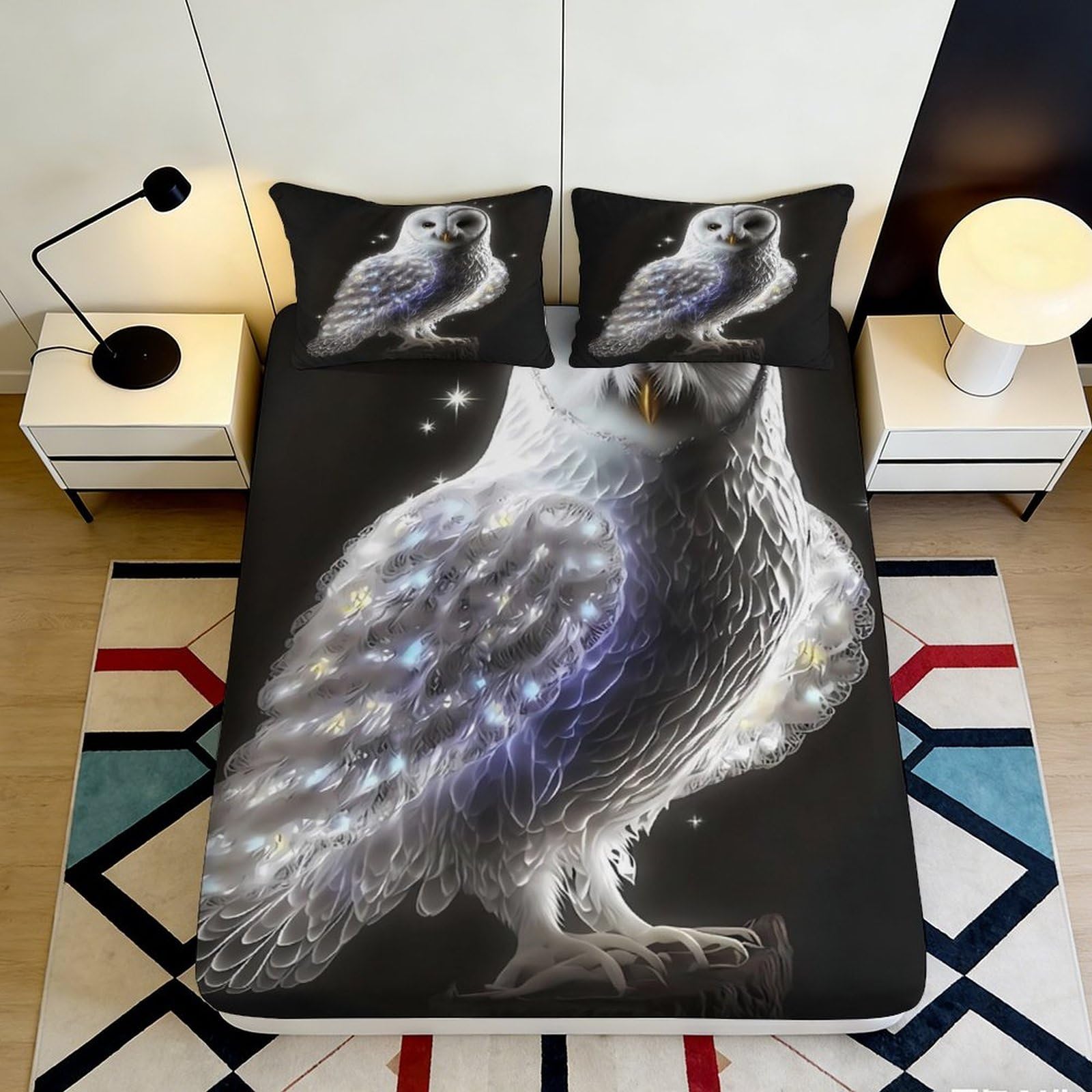 Jqzkxnhpbr Style-10 3D Printed White Owl Fitted Sheet Microfiber Soft Breathable Night Forest Bed Cover For Bedroom Guest Room Decor 90X200x25cm