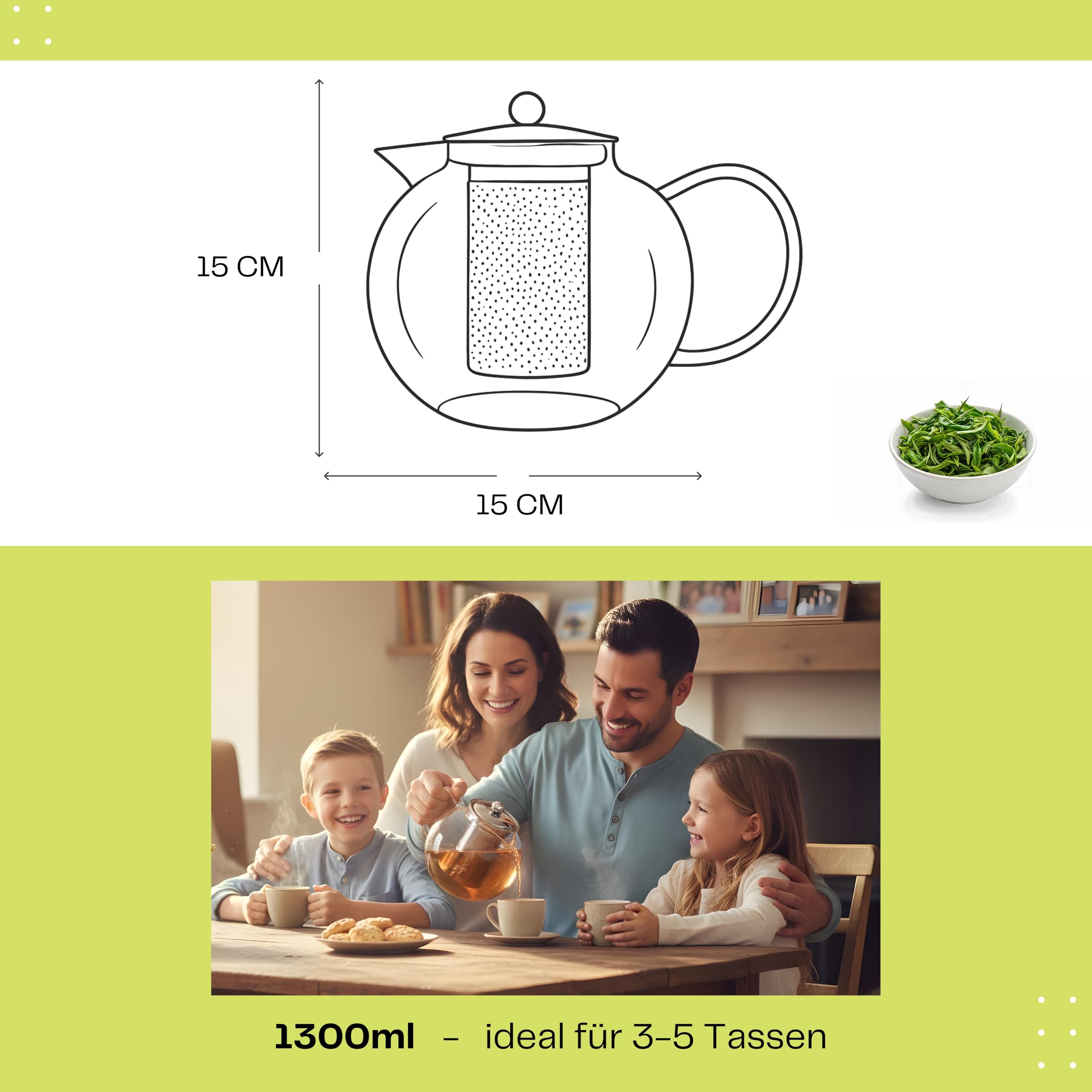 Teekanne Glas 1300ml mit Edelstahl Siebeinsatz – Glasteekanne aus Borosilikatglas für losen Tee, Kräutertee & Früchte – tropffrei, hitzebeständig & spülmaschinenfest - Teezubereiter mit Sieb - DAGAZEN