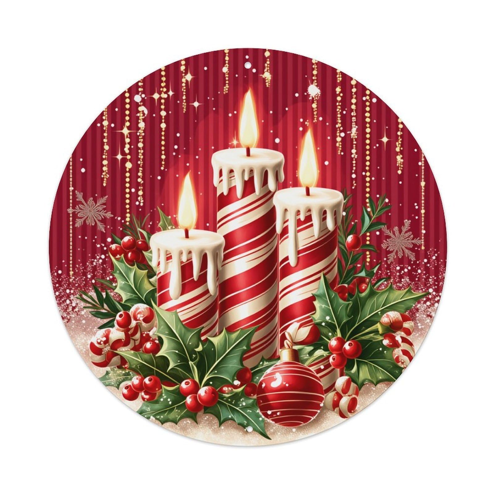 Christmas Candles Holly Berries Ornaments Round Tin Sign Vintage Metal Poster, Home Bar Garage Man Cave Cafe Indoor & Outdoor Wall Decoration 8x8Inches
